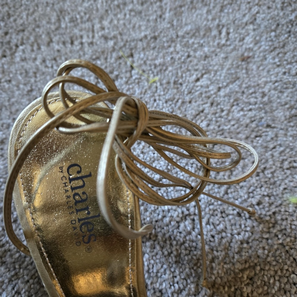 Charles By Charles David Leather Gold Heels Sz 10 Wraparound Strap Lace Up - Picture 4 of 12